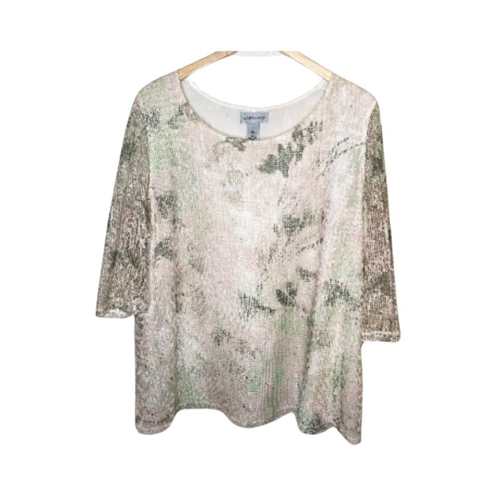 Catherine's Pink Green Mesh Overlay Top Blouse Size 2X